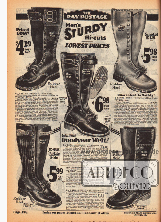 Langlebige, hochgeschlossene Schlechtwetter- und Arbeitsstiefel für Männer aus schweren, nachgegerbten Ledersorten. Die Stiefel zeigen Mehrfachnähte und vulkanisierte Gummisohlen, die bis oben geschnürt werden und am Schaft mit Riemen geschlossen werden.