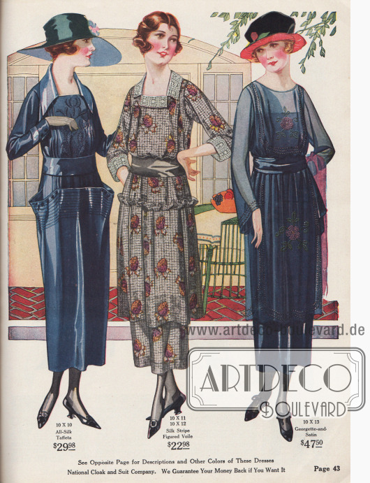 Exquisite Damenkleider aus sommerlichem Seiden-Taft, Seiden-Voilestoff und Georgette-Satin. Die bauschig aufgearbeiteten Taschen des linken Kleides sind typisch für die hüftbetonte Silhouette des Jahres 1920.