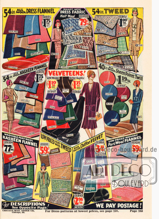 Einfarbige und in sich gemusterte Stoffe zum Selbstnähen, wie Woll-Flanell, Woll-Baumwoll-Mischstoffe, Tweed, Kaschmir-Flanell, Samt, Woll-Poiret-Gewebe und Chiffon-Samt in lebendigen Farben.
