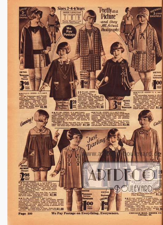 „Bloomer dresses“ (dt. Kleidchen mit Pumphöschen) für Mädchen von 2 bis 6 Jahre für zu Hause oder zum Spielen sowie Kleidchen und Ensembles für die Schule für ältere Mädchen im Alter von 6 Jahren.
Die Kleidchen sind aus Samt und Tweed, Baumwolle, Leinen, Baumwoll-Flanell, Samt, Woll-Jersey, Baumwoll-Breitgewebe, Baumwoll-Jersey und Samtkord.