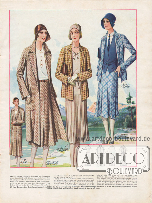 Ensemble, Complet und Reiseensemble.
Mantel und Blusenanzug ergeben das Ensemble aus kariertem Wollstoff, welcher auch mit Mantelkleid (in klein links unten) getragen werden kann.
Das Complet in der Mitte besteht aus einem Kleid aus Bastseide mit Pliseerock, das mit einer karierten Wollstoffjacke vervollständigt wird.
Rock und Jacke aus leichtem, kariertem Tweed sowie blaues Tuch für die Weste ergeben zusammen ein außerordentlich elegantes Reiseensemble. Der glockige Rock ist zusätzlich mit Godets versehen, die die Weite des Rockes noch erhöhen.