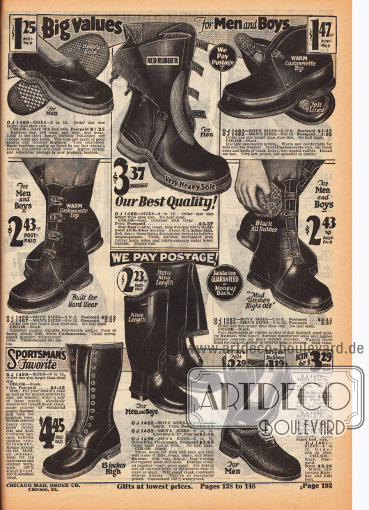 Galoschen, Stiefel und Gummistiefel aus Gummi und teilweise dicht gewebter Kaschmirwolle für Jungen und Männer. Die hochgeschlossenen Schuhe werden über Schnallriemen oder durch Schnürung geschlossen.