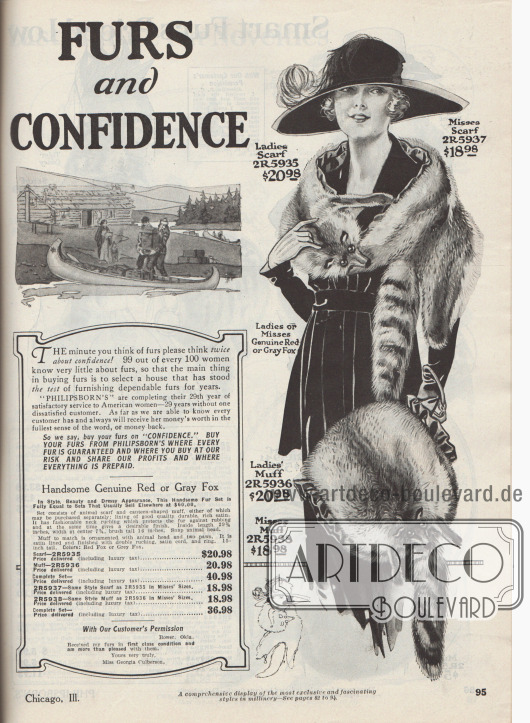 „Pelze und Vertrauen“ (engl. „Furs and Confidence“). Philpsborn wirbt hier für die Qualität der verkauften Pelze und behautet, dass seit dem Bestehen des Unternehmens keine Kundin jemals unzufrieden mit den erworben Pelzen gewesen wäre.
Rechts ein Pelzkollier (Fellschal mit Tierkopf, Schweif und Extremitäten) mit passendem Muff aus echtem Rot- oder Graufuchs für Damen oder junge Frauen.
Muff und Pelzkollier sind mit hochwertigem Satin gefüttert, wobei der Futterstoff am Rand gerüscht (wellig) verarbeitet ist. Eine Kordel mit Haltering macht den Muff leicht tragbar. Der Muff ist ebenfalls mit Tierkopf, zwei Pfoten und Schweif ausgestattet.