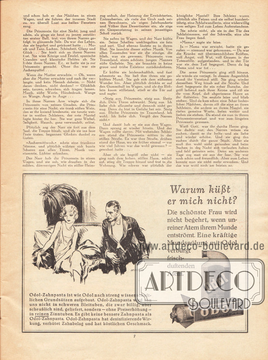 Artikel:
Raymond, Eduard, Der Narr und die Prinzessin.
Werbung:
Odol, Zahnpasta und Mundwasser.