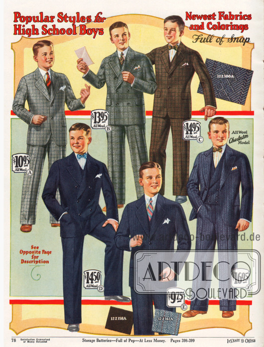 „Beliebte Modelle für Oberschul-Jungen – Neueste Stoffe und Farbmuster“ (engl. „Popular Styles for High School Boys – Newest Fabrics and Colorings“).
Feine Anzüge für junge Männer für Schule und Stadt. Die karierten, gestreiften oder diagonal verarbeiteten Anzugstoffe sind reine Wolle, Woll-Kaschmir und Cheviot Wolle.
Unter den gezeigten Anzügen befinden sich zwei zweireihige Sakkos (B, D) mit drei Knöpfen und vier einreihige Sakkos mit zwei Knöpfen. Die Zweireiher präsentieren steigende, die Einreiher fallende Revers. Modell F ist ein Charleston Modell, schließt nur auf einen Knopf und besitzt eine doppelreihige, glatt abschließende Weste.