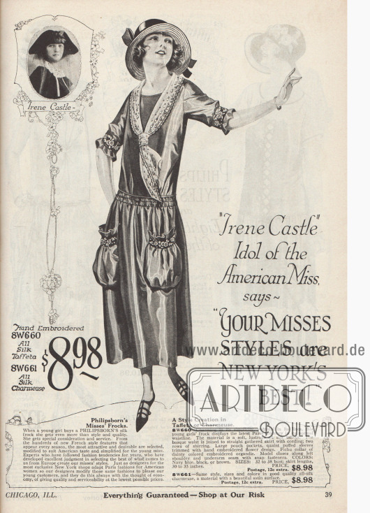„’Irene Castle’ Idol of the American Miss, says ‚Your Misses Styles are New York’s Best!“ (dt. „’Irene Caste’, Idol aller amerikanischen jungen Frauen, sagt: ‚Ihre Mode für junge Damen ist die beste von New York!“
Das gezeigte Kleid mit großen, aufgesetzten Beuteltaschen, einem vorn zusammengebundenen Fichu-Kragen aus Organdy, einer doppelten Reihenziehung an der Taille und mit einem weit ausfallenden, Falten werfenden Rock kann entweder als Modell aus Seiden-Taft oder aus Seiden-Charmeuse bestellt werden.