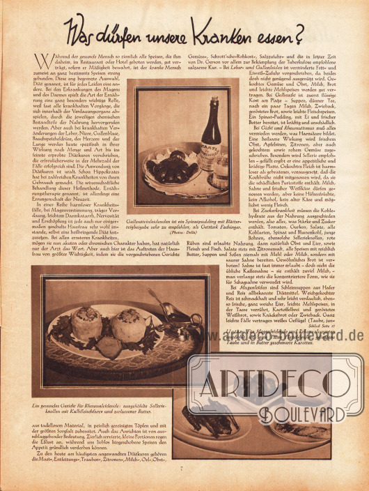 Artikel:
O. V., Was dürfen unsere Kranken essen?
Die Bildunterschriften der Fotos lauten „Gallensteinleidenden ist ein Spinatpudding mit Blätterteigbeigabe sehr zu empfehlen, als Getränk Fachinger“, „Ein gesundes Gericht für Rheumaleidende: ausgehöhlte Sellerieknollen mit Kalbfleischfarce und zerlassener Butter“ und „Für Magenleidende und Rekonvaleszenten empfiehlt sich eine Tasse Fleischbrühe, gebratene Taube und in Butter geschmorte Karotten.“
Fotos: Delia.
