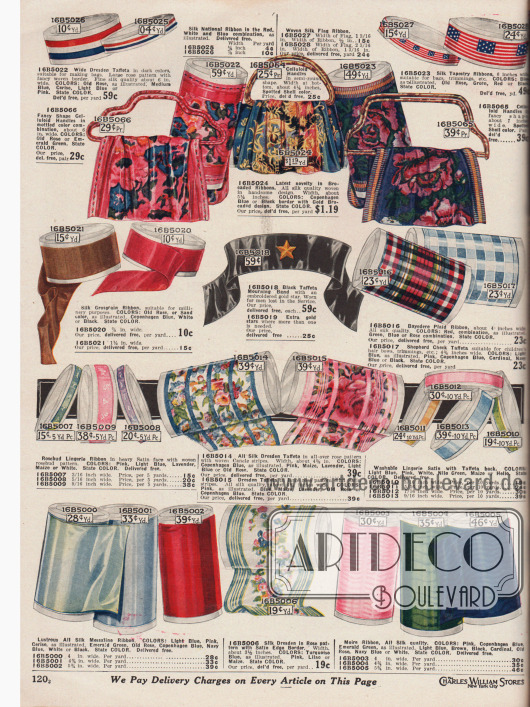 Ripsbänder, Borten aus Seide und Seiden-Taft mit Blumen- und Blütendekors (hier engl. „Silk Dresden Taft“ genannt), Brokatbänder in farbigen, ornamentalen Musterungen zum Herstellen von Hand- und Tragetaschen sowie Lingerie-Satin-, Taft- und Seiden-Messaline Bänder in unterschiedlichen Breiten. Oben auf der Seite sind auch passende Tragegriffe und Handgriffe aus Celluloid für Handtaschen.
Zudem finden sich auf der Seite Taft- und Seidenbänder in den französischen und US-amerikanischen Nationalfarben sowie ein schwarzes Trauerband aus Taft mit aufgesticktem goldenen Stern (engl. „Worn for men lost in service“).