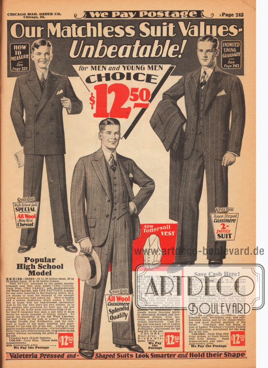 Doppelseite mit Herrenanzügen für 10 und 12,50 $ aus Woll-Kaschmir und Cheviotwolle mit kleinen Rayon-Anteilen.