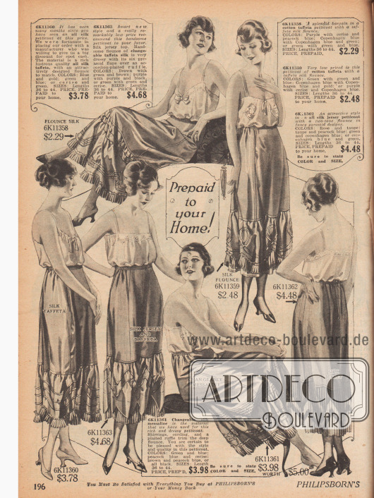 Unterröcke („Petticoats“) für Damen aus Seiden- oder Baumwoll-Taft, Seiden Jersey oder Messaline (glänzendes Seidengewebe). Plisseestoff, Rüschen und biesenverzierte Rockstufen verhelfen dem Kleid zu größerer Weite.