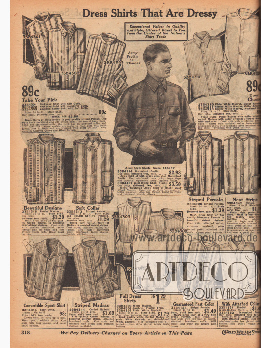 „Anzughemden die schick sind“ (engl. „Dress Shirts That Are Dressy“).
Anzughemden aus gestreiften und gemusterten Stoffen wie Perkal, Madras, geripptem Madras oder merzerisiertem Pongee. In der Mitte wird ein Hemd im Militärstil aus Khaki-Woll-Mischgewebe mit zwei Brusttaschen gezeigt.
Viele Hemden werden ohne Kragen geliefert. Diese müssen separat gekauft werden. Unten links befindet sich ein Sporthemd mit konvertierbarem Kragen.