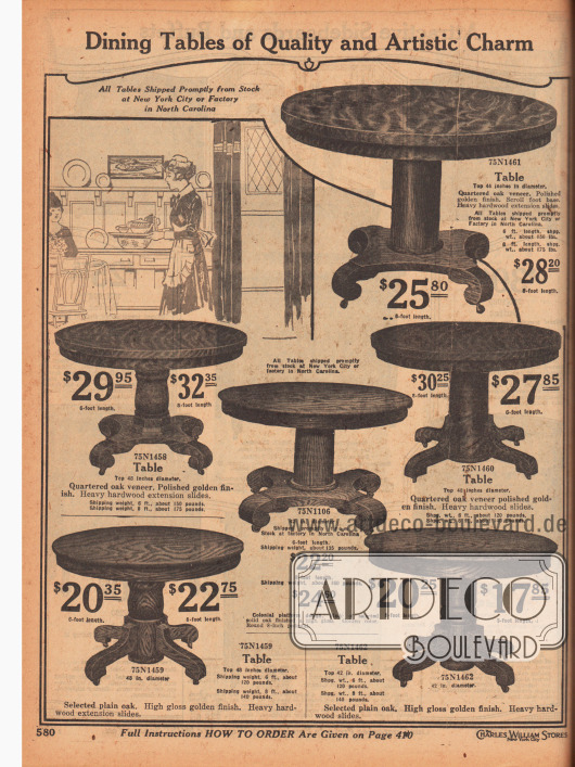 „Hochwertige Esszimmertische mit kunstvollem Charme“ (engl. „Dining Tables of Quality and Artistic Charm“).
Runde, ausziehbare und dadurch erweiterbare Esszimmertische im Kolonialstil mit massigen Standbeinen aus polierter, massiver Eiche oder „Quartered oak“ (dt. „Wagenschott Eiche“ → spezielle Sägetechnik).