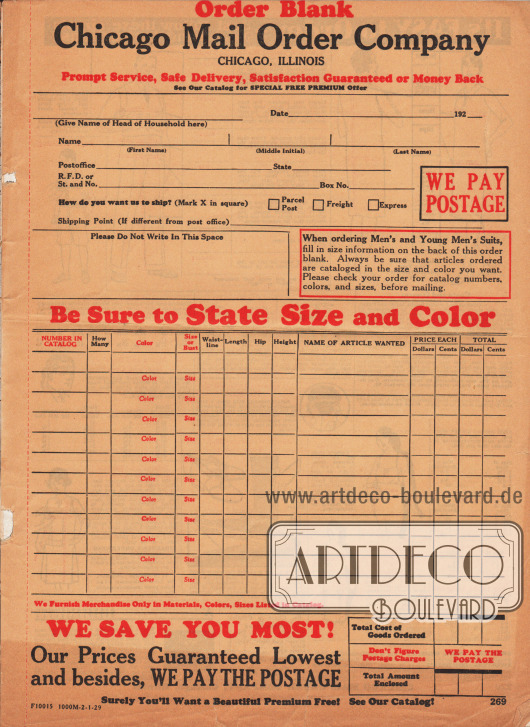 Bestellschein der Firma Chicago Mail Order Company auf der die Adresse, die gewünschten Artikel und der Gesamtbetrag zusammengerechnet werden muss. Porto und Versandkosten werden von der Firma getragen.