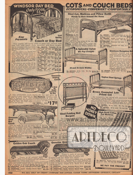 „Gitterbetten und Metall-Pritschen – Wirtschaftlich – Praktisch – Bequem“ (engl. „Cots and Couch Beds – Economical – Convenient – Comfortable“).
Sofabetten („Windsor Day Bed“) oder Gästebetten, Gitterbetten, Klapp-Pritschen und Feldbetten aus Metall, teilweise mit Stahlmatratzen.
Links unten in der Mitte befinden sich Metall-Betten der landesweit bekannten Marke Simmons. Unten links sind Chaiselongues aus Eiche und „Quartered Oak“ (dt. „Wagenschott Eiche“ → spezielle Sägetechnik) und rechts unten sind Matratzen vollständig aus Baumwolllagen zu finden.