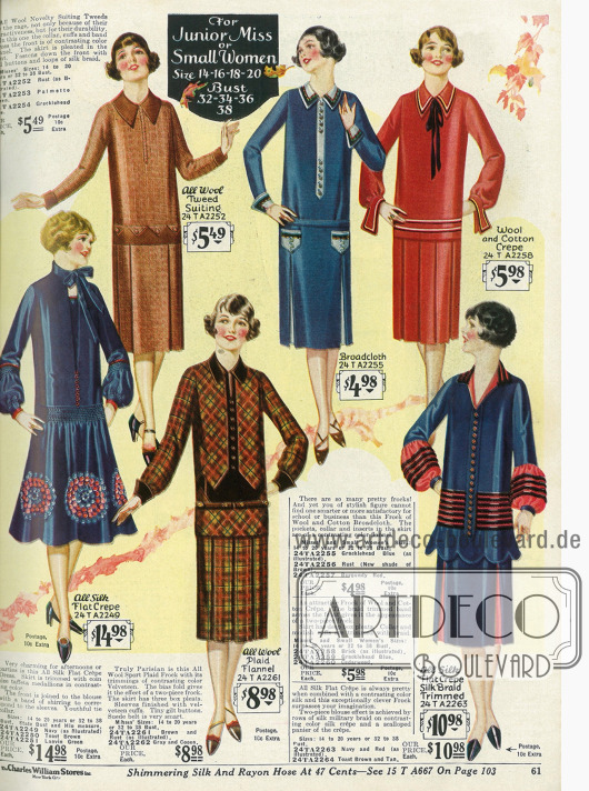 Kleider für junge Mädchen und klein gewachsene Damen aus Seiden Krepp, Tweed, Flanell, Breitgewebe sowie Woll- und Baumwollkrepp.