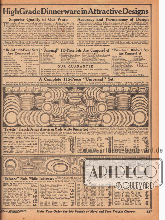 „Hochwertige Porzellanservice in ansprechenden Designs“ (engl. „High Grade Dinnerware in Attraktive Designs“).
Angebot mit einem amerikanischen Geschirrservice im französischen Design mit wahlweise 62, 101 und 115 Teilen (oben) und einzeln wählbaren, einfachen Geschirrstücken, die frei zusammengestellt werden können (unten).
Das obere Porzellanservice besteht aus Teetassen und Untertassen, Kaffeetassen und Untertassen, Brot- und Butterplatten, Kuchenplatten, Kuchen- und Frühstückstellern, normal großen Tellern, großen Tellern für Abendessen, Suppentellern, kleinen Suppenschalen, Obsttellern, Saucieren, Krügen, kleinen und großen Schalen, Zuckerdosen mit Deckeln, Sahnekännchen, Gurkenschalen, Butterdosen mit Deckel, Müslischalen, ovalen Schälchen beispielsweise für Knochen oder Fischgräten, Fleischplatten, ovale und runde Gemüseschälchen mit Deckel sowie Suppenterrinen mit Deckel.