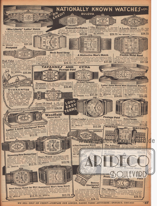 „Landesweit bekannte Uhren – Auf Kredit“ (engl. „Nationally Known Watches – On Kredit“).
Armbanduhren für Damen und Herren mit einfachen oder kunstvoll ornamentierten Gehäusen aus Weißgold, Gold oder verchromtem Nickel. Alle Uhren sind Markenprodukte von Bulova, Tavannes and Cyma, Westfield, Benrus und Winton Watches und sind mit der Spiegel Garantie versehen. Jede Uhr wurde in einem jadegrünen Samtkästchen geliefert.
Die Armbanduhren für Frauen sind leicht an den schmaleren Armbändern zu erkennen. Manche Ziffernblätter bei einzelnen Uhren sind selbstleuchtend im Dunkeln.