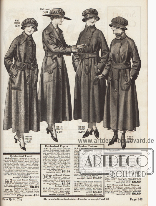 Regenmäntel für Damen aus gummiertem Tweed, gummierter Popeline, zweilagigem Baumwoll-Gummi Material und nach US Patent verarbeiteter, wasserabweisender Baumwoll-Gabardine (sog. „Cravenette“ Prozess).
Die Regenmäntel sind im Stil der neuerdings so populären Trench-Coats der Westfront gehalten und ausgeführt. Alle Kragen sind konvertierbar. Die Gürtel sind aus dem Mantelmaterial gefertigt und werden mittels einer Metallschnalle geschlossen. Die ersten beiden Modelle werden mit einer zusätzlich bestellbaren Regenhaube angeboten.