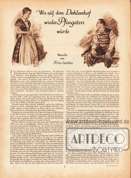 Artikel (Novelle):
Lischka, Fritz, Wie auf dem Dohlenhof wieder Pfingsten wurde. Novelle von Fritz Lischka.
Illustration/Zeichnung: Heinz Raebiger (1903-ca.1955).