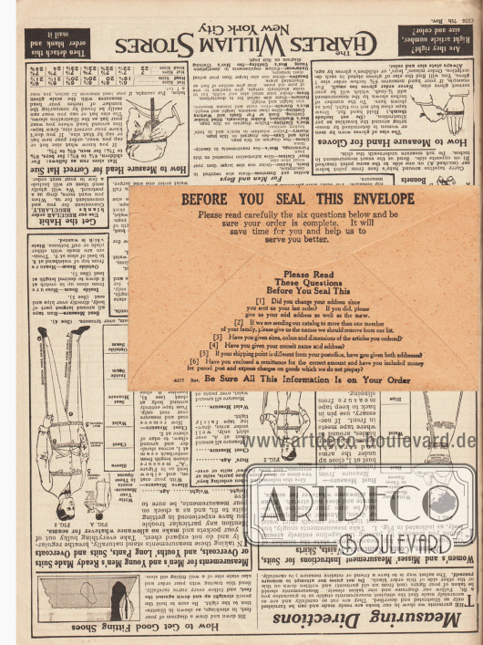 Rückseite des lose beigelegten Bestellumschlags für den Bestellschein (Maße: 8,9 x 15,2 cm / 3,5 x 6,0 Inch).
„Bevor Sie diesen Umschlag verschließen“ (engl. „Before You Seal This Envelope“).
Hinweis für den Kunden, ob er oder sie auf die sechs abgedruckten Punkte geachtet hat, bevor die Bestellung abgeschickt wird.