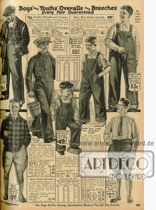 Arbeitskleidung für Jungs: Overalls aus Jeansstoff, Knickerbockerhosen und ein Blouson (unten links).