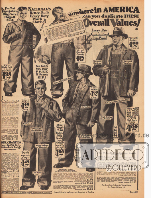 Günstige Arbeitskleidung für Männer, wie Jacken, Hosen und Overalls aus Khaki und Jeansstoffen (Baumwollstoffe). Die Nähte sind doppelt verstärkt für ein Höchstmaß an Strapazierfähigkeit. Der weite Schnitt der Kleidung ermöglicht ein bequemes Arbeiten.