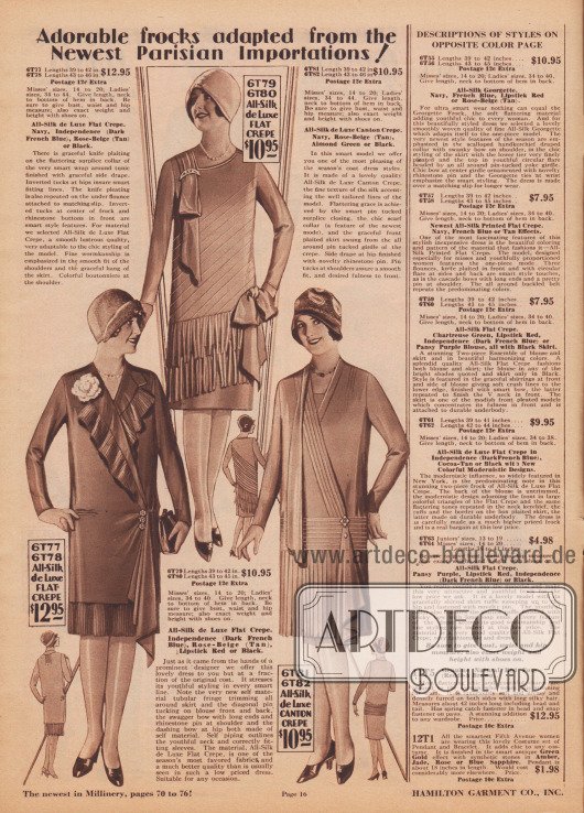 Drei elegante Nachmittagskleider aus Seiden Krepp und Seiden Canton Krepp.
Das Kleid oben zeigt eine Schulterdrapierung, die mit einer Strassapplikation befestigt ist. Biesen verlaufen diagonal in der Front und im Rücken, eine große Schleife ziert die Hüfte und der Rock zeigt röhrenartige Fransen. Das Modell links unten besteht aus einem tunikaartigen Mantel mit verlängerter Seitendrapierung. Plissierter Stoff ist am Kragen angebracht, der auch mit dem Rock korrespondiert. Unten rechts folgt ebenfalls ein Kleid mit reichlich Biesengarnierung, einem langen Schalende von der Schulter ausgehend, einem plissierten Rock und einer Stoffdrapierung am Rock, die mit einer strassbesetzten Brosche befestigt ist.