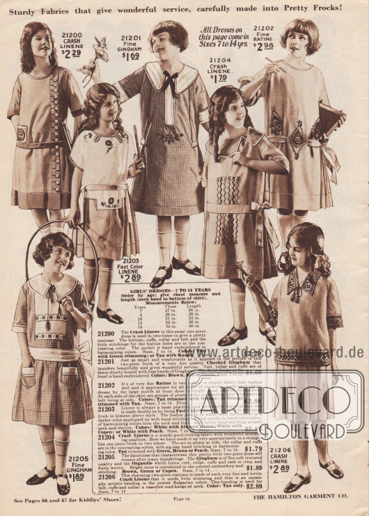 Kindermode für 7 bis 14-jährige Mädchen. Die Kleider sind aus Leinen, Gingham und Ratiné. Die für die warme Jahreszeit bestimmten Kleidchen zeigen allesamt halblange Ärmel sowie kleine, feine Stickereien. Oben links ein Mantelkleidchen.