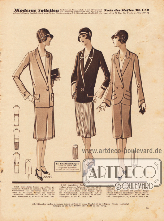 5934: Sommerliches Kostüm aus hellem, gemustertem Wollstoff mit schlichter Jacke, die mit Einknopfschluß und aufgesetzten Taschen versehen ist. An Kragen, Ärmeln und Rockrand Zierstepperei.
5935: Jugendliches Kostüm, bestehend aus weißem, plissiertem Faltenrock und roter Gürteljacke, die mit weißen Blenden ausgestattet ist. An den Ärmeln breite, weiße Ansätze. Gürtel mit Schnallenschluß.
5936: Promenadenkostüm aus modefarbenem Kasha mit mäßig weitem, vorn übereinandergreifendem Rock. An der Jacke ist die Verzierung durch Kellernähte und gestickte Fliegen gebildet. Schlanker Reverskragen. Abwärts Doppelknopfschluß.