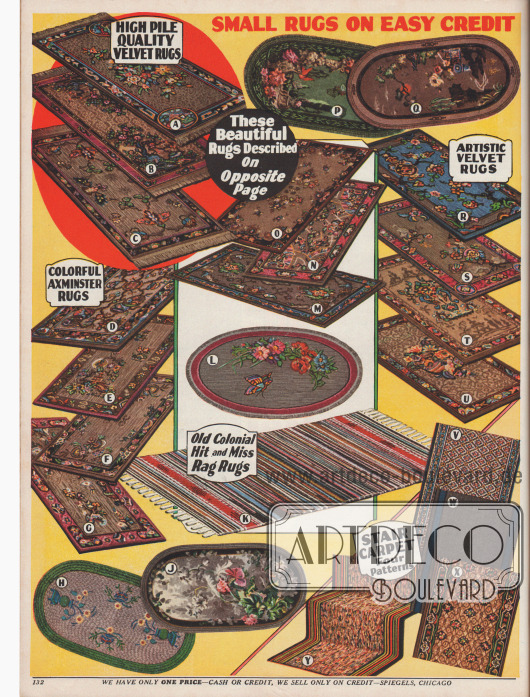 Gewebte kleine Teppiche mit überwiegend chinesischen Motiven oder Blumen-Ornamenten. Einzelne Teppiche besitzen an ihren Enden Fransen. Maße reichen von 27 x 40 bis 36 x 76 in (68,6 x 91,44 bis 101,6 x 193 cm). Unten rechts: Teppiche zum Verlegen auf der Treppe, die per Yard bestellt und berechnet werden.