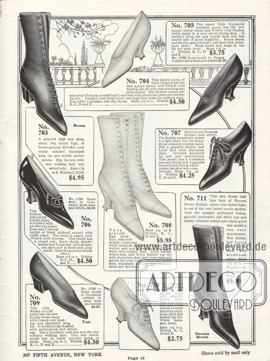 Seite mit drei Pumps, einem Kolonialpump mit Schnalle, zwei Oxfords und drei Paaren Stiefeletten. Die Schuhe sind aus Ziegenleder, Nubukleder (Rauleder), Kalbsleder, Lackleder und Kanevas. Die Damenschuhe besitzen fast ausschließlich geschwungene Louis XIV Absätze und nur zwei Modelle zeigen gradlinige und grobe Militärabsätze. Viele Schuhe sind mit dekorativen Perforationen versehen.