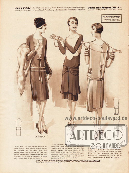 4150: Kleid aus mittelfarbigem Veloutine und hellem Aufputz. Eine schmale Blende begrenzt den Ausschnitt, den ein heller Einsatz füllt. Rock mit Faltengruppen.
4151: Nachmittagskleid aus mittelblauem und grauem Crêpe de Chine kombiniert. Letzterer ergibt die tiefe Passe. Der breite Hüftgürtel ist über dem Doppelrock vorn durch eine Agraffe gerafft.
4152: Nachmittagskleid aus grauem Marocain Krepp mit blauer Blendenverzierung. Aus Besatzblenden ist auch das Motiv am rechten Vorderteil gebildet, der wasserfallartig ausfällt und angeknöpft ist.