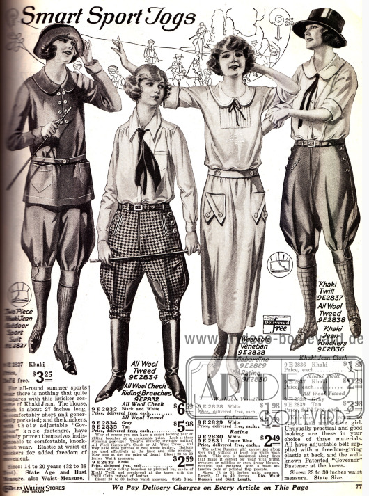 Sportkleidung für Damen mit Knickerbockerhosen und krawattenartigen Schleifen.