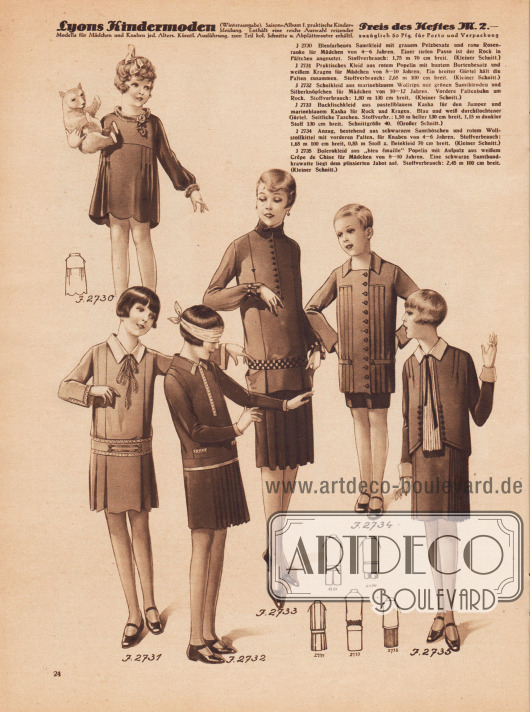 Kinderkleidung für Mädchen von im Alter von vier bis etwa 14 Jahren und für Jungen von vier bis sechs Jahren (Modell 2734).
Die Mädchenkleider sind aus blauem Samt, rotem Popelin, marineblauem Wollrips und grünen Samtblenden, pastellblauem sowie marineblauem Kasha und einem Bolerokleidchen aus blauem Popelin.
Der Jungenanzug besteht aus einem schwarzem Samthöschen und einem rotem Wollstoffkittel.