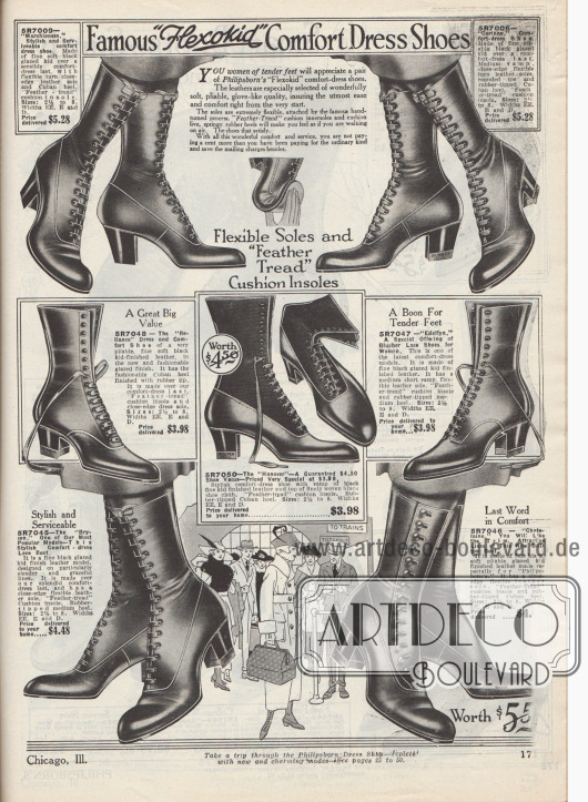 „Berühmte ‚Flexokid‘ Komfort-Schuhe“ (engl. „Famous ‚Flexokid‘ Comfort Dress Shoes“).
Bequeme Damenstiefeletten zum Schnüren, die sich durch weiche Sohlen und schmiegsame Ledersorten auszeichnen, speziell für Frauen mit empfindlichen Füßen. Die Stiefel sind aus glaciertem Chereauleder (Ziegenleder), die weich wie Handschuhleder sind. Ein Stiefelmodell unten rechts wird über seitliche Knöpfe geschlossen. Alle Modelle mit breiten, mittelhohen kubanischen Absätzen.