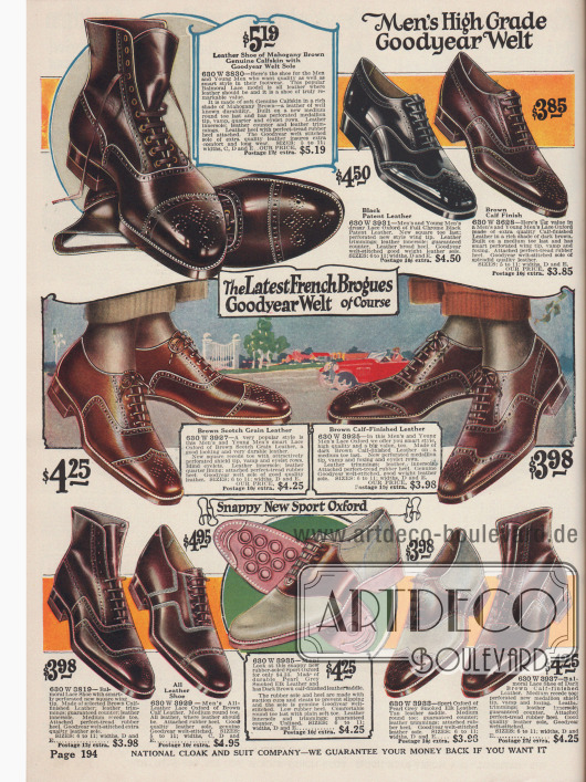 Halbschuhe und Stiefeletten für Männer für die Straße. Zwei Paare Oxfords für den Sport sind unten abgebildet.