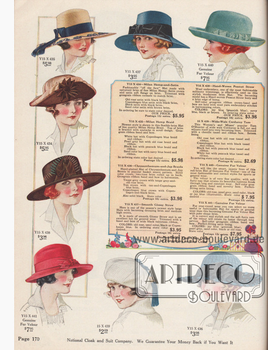 Doppelseite mit eleganten und kleidsamen Damenhüten für Strand, Sport, Stadt oder Kurort. Die Hüte sind aus Stroh, Filz, Satin, Hanf und Velours. Unten in der Abbildung befinden sich zwei modische Schottenmützen (sog. Tam-o'-shanters) aus Kordsamt und Samt.