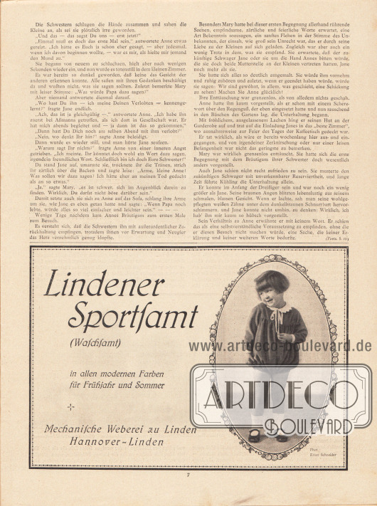 Artikel:
Scharrelmann, Wilhelm (1875-1950), Die drei Schwestern.
Werbung:
Lindener Sportsamt (Waschsamt) in allen modernen Farben für Frühjahr und Sommer, Mechanische Weberei zu Linden, Hannover-Linden.
Fotografie: Atelier Ernst Schneider, Berlin.