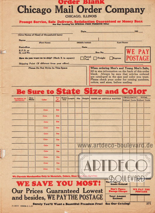 Bestellschein der Firma Chicago Mail Order Company auf der die Adresse, die gewünschten Artikel und der Gesamtbetrag zusammengerechnet werden muss. Porto und Versandkosten werden von der Firma getragen.