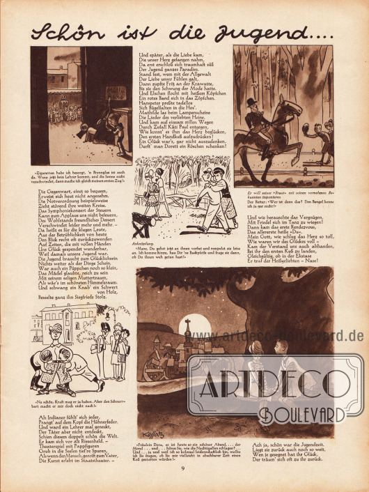 Zeichnungen und kurze Reime zur Unterhaltung mit dem Titel „Schön ist die Jugend...“.
Illustrationen: Hans Kossatz (1901-1985).