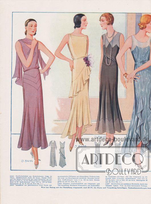 Doppelseite mit Abendmode für Gesellschaft und Tanz.
Die sieben Abendkleider sind aus fliederfarbenem Crêpe de Chine, paillefarbenem Crêpe Nicole, Crêpe Satin und Tüll, mattblauem Moiréseide, zartrosa Crêpe Georgette, goldbraunem Crêpe Satin und traubengrauem Crêpe Georgette.
Das zweite und das fünfte Kleid zeigen eine asymmetrische Hüftpasse mit gleichem Glockenvolant. Das vierte Modell hat einen interessanten Teilungseffekt mit Wasserfallarrangements. Eine verlängerte Bahn mit Kaskade, einer Schleife und Spitzenkragen werden vom letzten Gesellschaftskleid präsentiert.