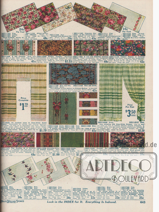 Bunte und gemusterte Fertigvorhänge und Meterware für Gardinen und Vorhänge aus Cretonne, Gobelinstoff, Cretonne Marquisette oder grobgewebtem Baumwollstoff (engl. „Scrim“).
Die Muster reichen von leichten Streifen, jugendstilartigen Ornamenten (hier „Joan of Arc“ genannt) über Blattwerk und „Verdure pattern“ bis hin zu schweren, dunklen Blüten- und Blumendekors.