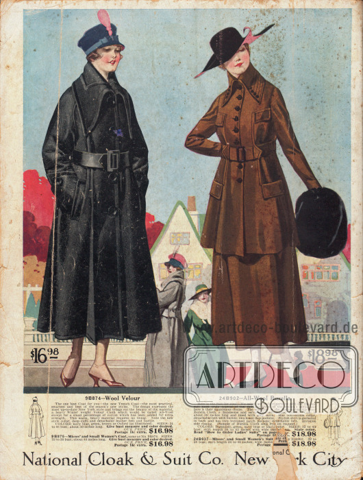 Rückseite des Versandhauskatalogs mit einem Herbstmantel für Damen aus Woll-Velours und einem khakifarbenen Kostüm aus „Burella Cloth“, einem hübschen und trotzdem strapazierfähigen, weich-wolligen Material.
Beide Kleidungsstücke entsprechen dem militärischen Trend der Damenmode des Jahres 1917. Der Mantel ist ein typischer Vertreter des gerade populären Trench Coats. Er zeigt einen breiten, spitz zulaufenden Kragen, breite Ärmelmanschetten und einen abnehmbaren Ledergürtel. Das Kostüm in militärischer Manier besitzt vier eingearbeitete Taschen mit Taschenklappen, einen abnehmbaren Gürtel und einen unterschiedlich tragbaren Kragen.