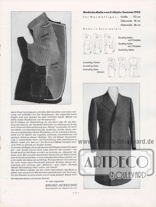 Text: „Modisches vom Frühjahr/Sommer 1933“ von Bruno Henschke sowie modische Maße für Sakkos und Herrenmäntel für Frühjahr/Sommer 1933.