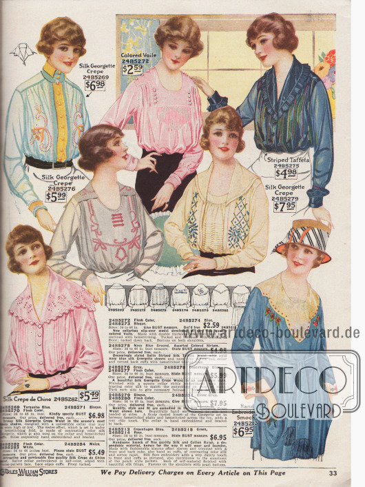 Seite mit sechs Blusen und einer Kasack (hüftlange Bluse). Die Blusen sind aus Seiden-Georgette Krepp, Voile (Schleierstoff) oder gestreiftem Taft und die Kasack ist aus Rajah (Seiden-Baumwoll-Gewebe).
Die Modelle sind mit Spitze im venezianischen Muster, Stickereien, Hohlnähten, Biesen oder Zierknöpfen ausgestattet. Die Kragen sind breit und tief geschnitten (Matrosenkragen). Zwei Versionen ohne und eine Bluse mit konvertierbarem Kragen. Die Ausschnitte sind überwiegend rund oder V-förmig.