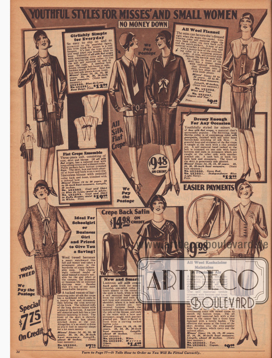 „Jugendliche Mode für junge Frauen und Damen von kleiner Statur – Keine Anzahlung nötig“ (engl. „Youthful Styles for Misses‘ and small Women – No Money Down“).
Schicke Kleider aus Seiden-Krepp, Woll-Flanell, Seiden-Georgette, Woll-Tweed, Seiden-Krepp-Satin oder Woll-Kasha für junge Frauen im Alter von 14 bis 20 Jahren. Oben links befindet sich zudem ein dreiteiliges Ensemble aus Seiden-Krepp, bestehend aus hüftlanger Jacke, Bluse und Rock.
Die Röcke sind entweder plissiert oder mit Kellerfalten ausgestattet. Schleifen, Krawatten oder capeartige Kragen beleben die Linie.