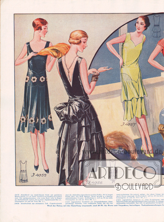 4055: Abendkleid aus dunkelblauer Seide mit gestickten Blüten belebt, die an Taille und Rock regelmäßig angeordnet sind. Der rundgeschnittene, sehr weite Rock setzt in Bogen an.
4056: Abendtoilette aus schwarzem Taft. Charakteristisch sind die rückwärts angeordneten großen Puffen, die in langen Enden über den Rock hängen; dieser besteht aus übereinanderfallenden Volants.
4057: Jugendliches Tanzkleid aus zitronenfarbenem Georgette Krepp. Schlanke, vorn verlängerte Taille, der sich der rundgeschnittene Doppelrock anfügt; der obere Volant ist durch Biesen eingeengt.