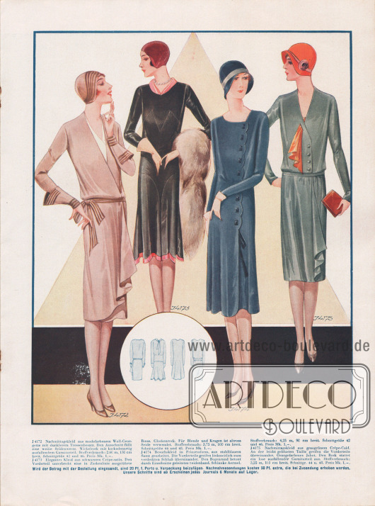 Elegante Kleider für den Nachmittag oder für Besuche aus Woll-Georgette, Crêpe-Satin, Samt und Crêpe-Caid.
Dunkler Tressenbesatz und eine weiße Seidenweste sind Merkmale des ersten Nachmittagskleides.
Blenden aus altrosa Seide an Kragen und Rocksaum und eine zackenförmige Biese auf der Brust kennzeichnen das zweite Kleid, während die Vorderteile des nächsten Kleides linksseitlich übereinander greifen und den Verschluss verdecken.
Auch beim letzten Kleid greifen die Vorderteile an der Front übereinander. Ein oranges Jabot ziert den spitzen Ausschnitt.