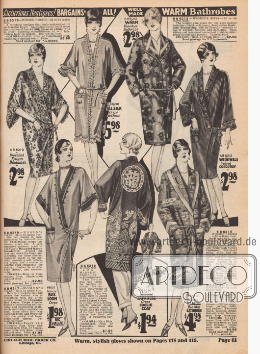Luxuriöse Negligees und Bademäntel — auch mit Japan Motiven (unten Mitte).