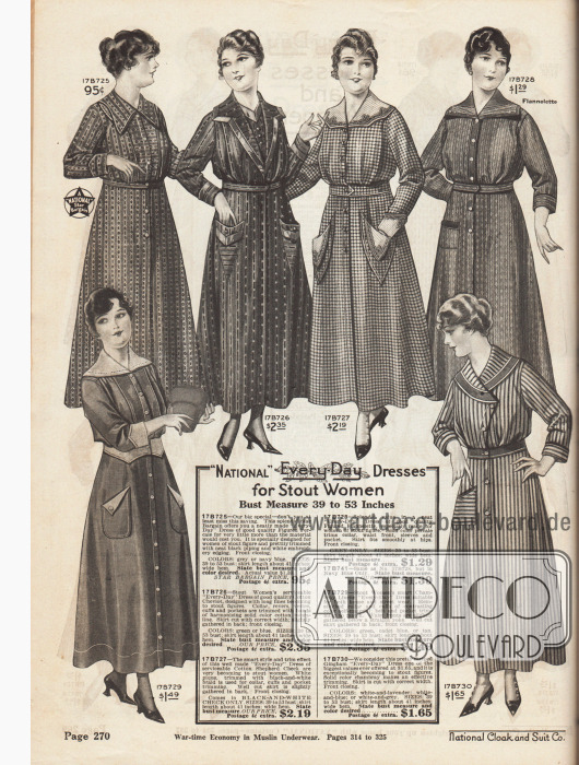 Einfache Haushaltskleider speziell für die vollschlanke Frau für die Hausarbeit aus gemusterten und karierten Stoffen wie Perkal, Baumwoll-Cheviot, Baumwolle, Flanell, Chambray-Leinen oder gestreiftem Gingham.
Die Hauskleider werden wie Mantelkleider angezogen und mit den Knöpfen an der Frontleiste geschlossen. Fast alle Kleider besitzen praktische Taschen.
